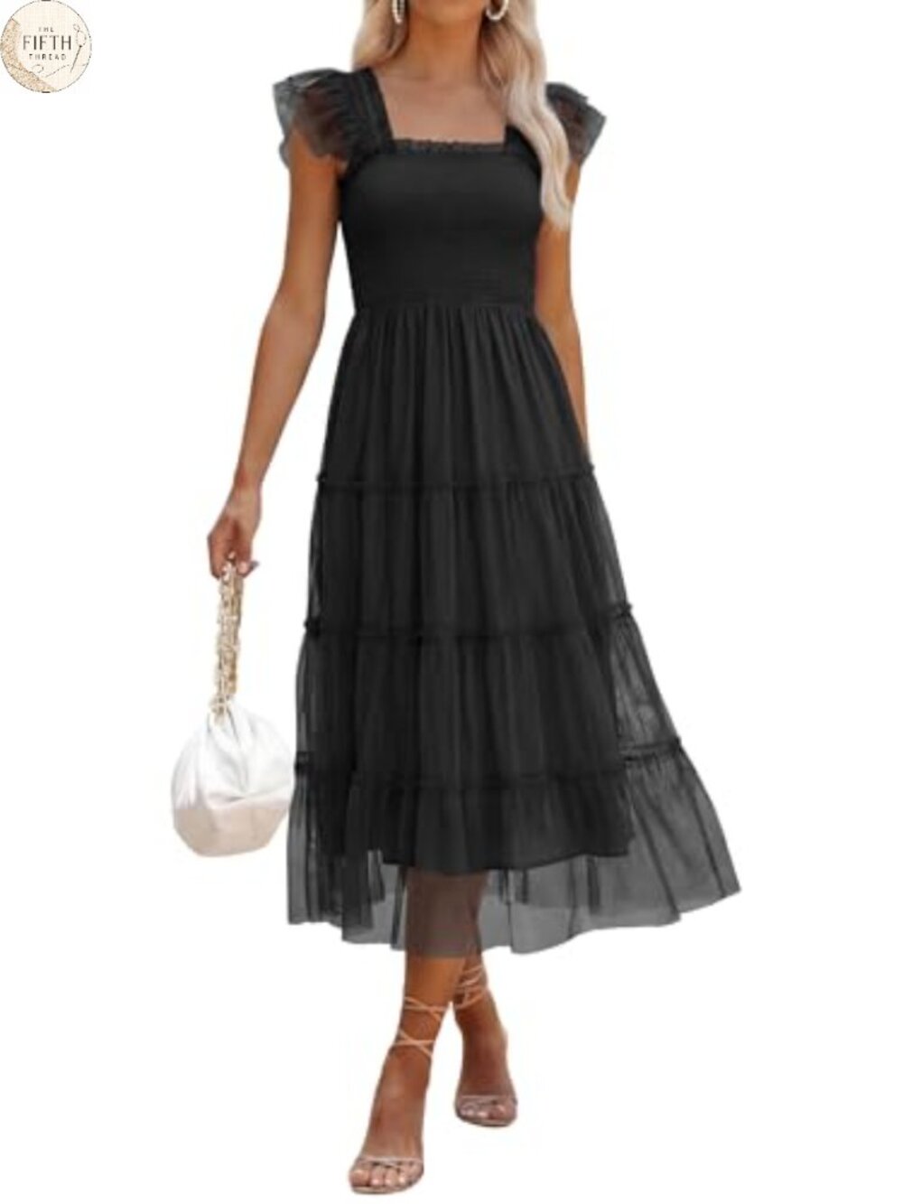 Smocked Tulle Midi Dress Sleeveless Square Neck A-Line